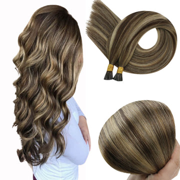 I Tip Hair Extensions Remy Pastel Balayage Brown Hair Extensions (#4/27/4) - FShine Shop